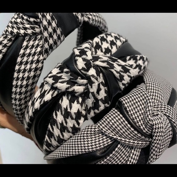 New black and white fabric print houndstooth top knot with leather headband - Picture 9 of 10